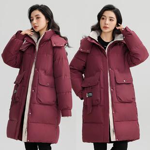 羽绒棉服女中长款2024冬季韩版撞色拼接棉衣宽松加厚大码棉袄外套