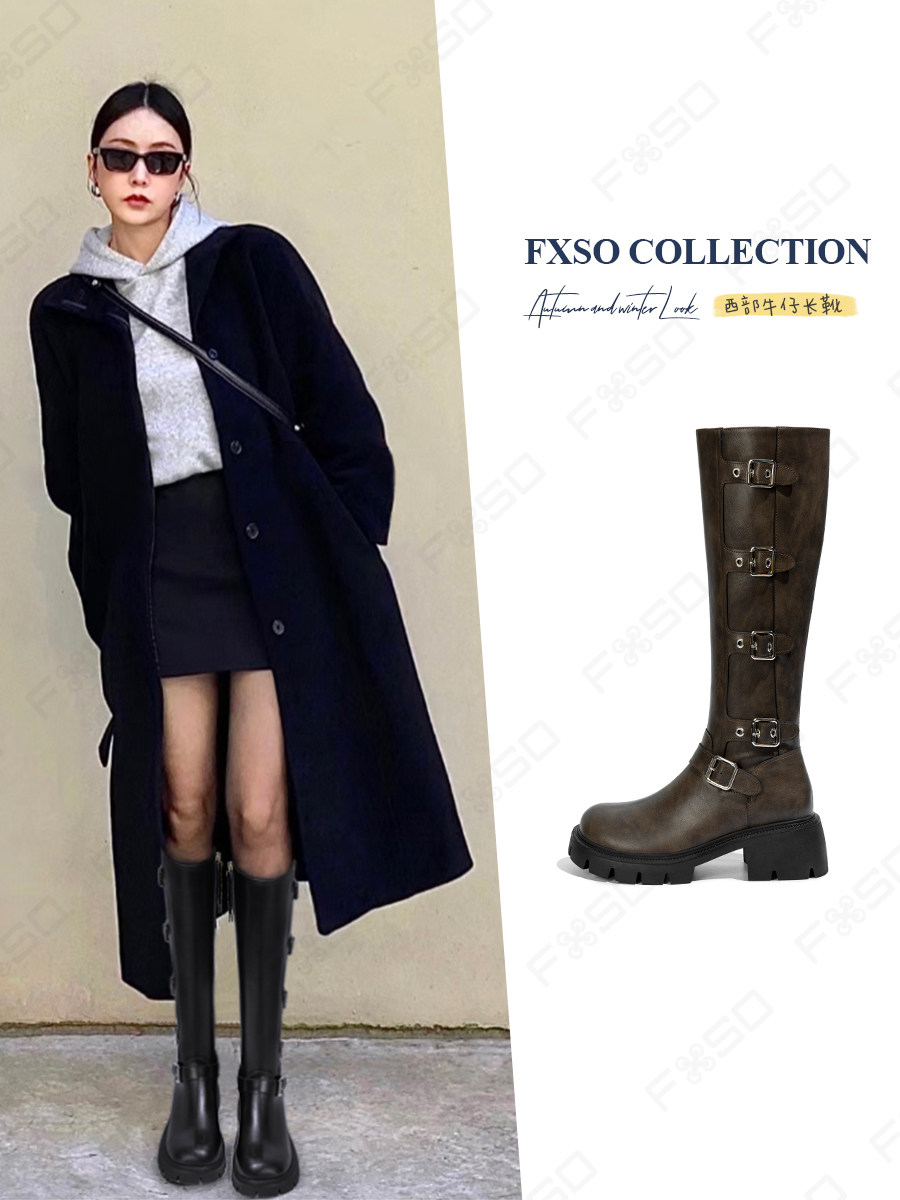 가죽 FXSO FANGXIANG 2024 가을 겨울 새로운 측면 지퍼 부츠 여성 하이 탑 두꺼운 밑창 벨트 버클 나이트 부츠