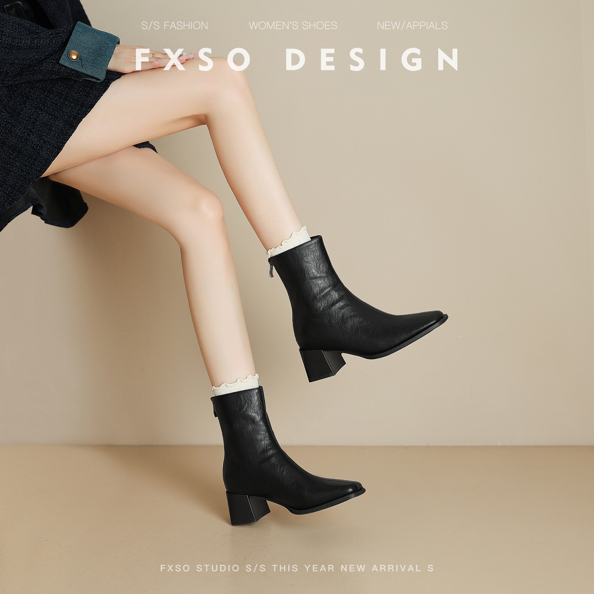 牛皮版！黑色显瘦短靴粗跟时装靴