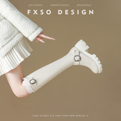 真皮英伦风皮带扣厚底增高高筒靴