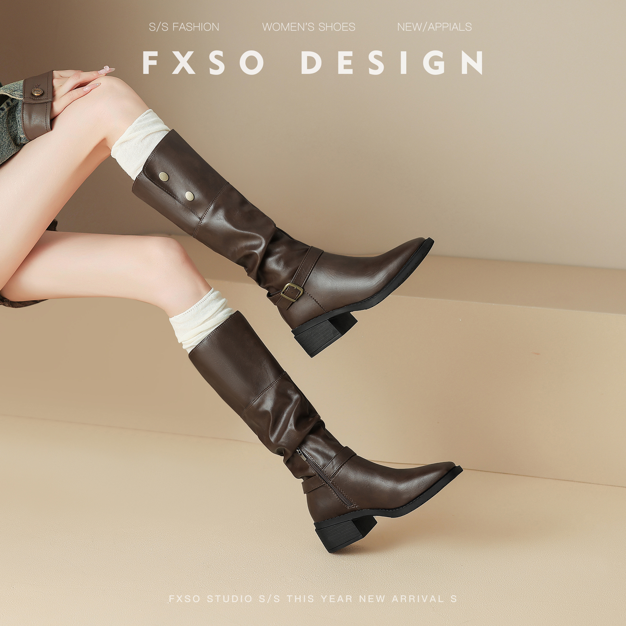 粗跟扣带时装靴女不过膝骑士靴女