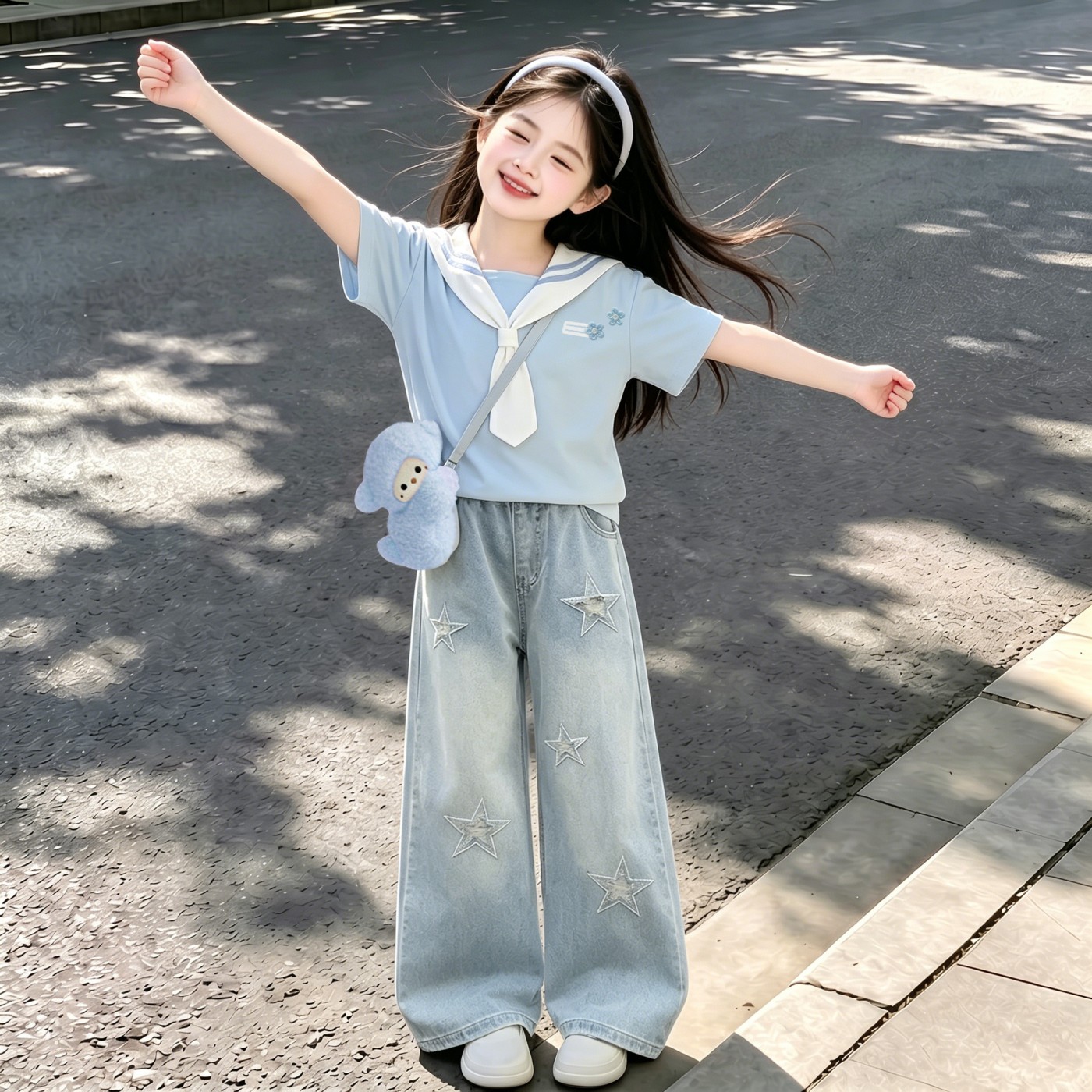 女大童夏季学院风短袖星星牛仔套图片