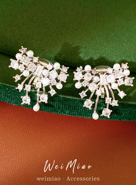 锆石烟花珍珠耳夹冷淡风时尚百搭个性气质耳环轻奢感耳饰