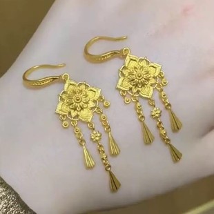 黄金色宝相花流苏复古耳钉女轻奢感小众设计耳环民族风耳饰女