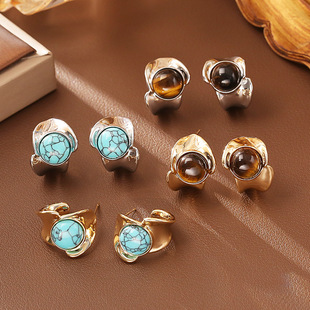 美拉德风虎眼石蓝松石耳钉小众设计感简约大气耳饰欧美风饰品