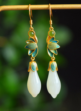 s925银镀金镶嵌新疆和田白玉玉兰花琳琅耳坠时尚气质女款银耳饰