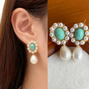 老钱风淡水珍珠耳钉巴洛克耳钉绿松石复古古典风耳环女礼物845