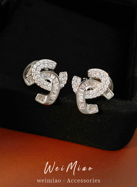锆石双c交叉耳夹女无耳洞冷淡风个性气质耳环轻奢感耳饰