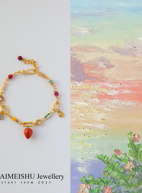 原创复古时尚精致滴油珐琅微镶锆石草莓手链轻奢感百搭手饰女