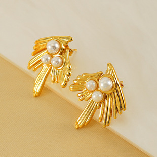 欧美复古18k金燕子珍珠钛钢耳环女气质百搭感不锈钢耳钉耳饰