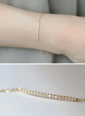 S925纯银镀14K金一字排钻手链女日韩极细简约精致气质百搭手饰