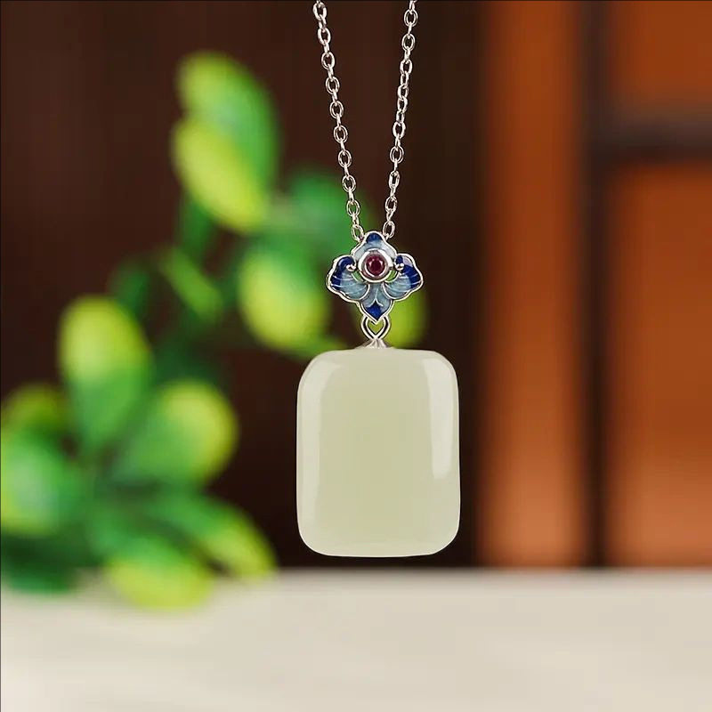 925银烧蓝花朵无事牌吊坠新中式复古和田碧玉国风感玉牌项坠