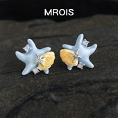 原创设计珐琅滴釉奶蓝色海星贝壳锆石耳钉小众个性 轻奢感耳饰
