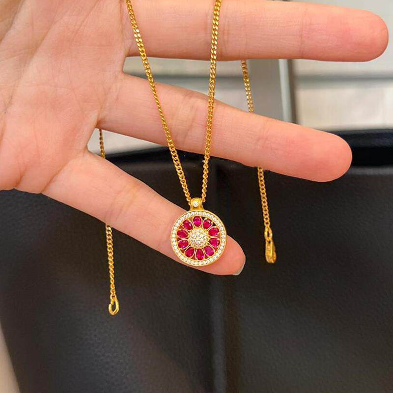 玫瑰花窗沙金点钻太阳花项链吊坠黄金色复古红锆石挂坠男女