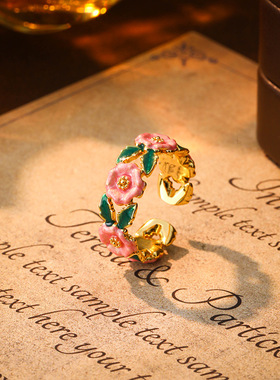 法式复古珐琅玫瑰滴釉戒指2025新款小众感气质可调节开口戒指