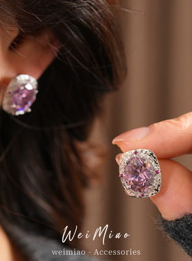 中古vintage银针锆石椭圆形耳环轻奢感耳钉精致气质首饰套装