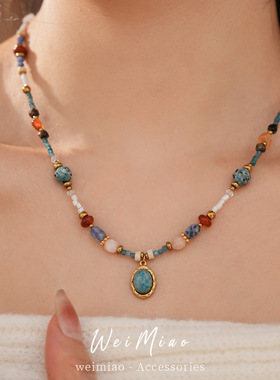 彩色石头串珠椭圆项链轻奢小众设计锁骨链民族风气质个性项饰