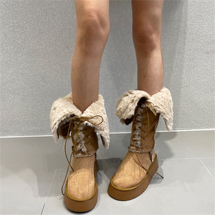 金Kim雪地靴2024东大门冬保暖加绒加厚高筒厚底系带绒面时尚 棉靴