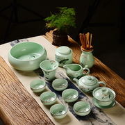 Jingdezhen hand-painted celadon tea set household lotus kung fu ceramic set complete set of Longquan fish tea cup teapot