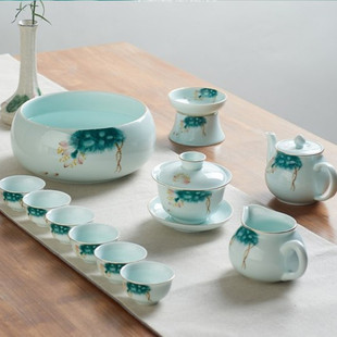 影青陶瓷三才盖碗功夫茶具套装家用泡茶盖碗茶壶冲茶器礼品盒包装
