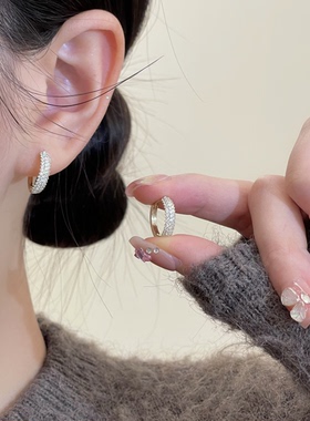 非金属耳饰 925纯银针D358金色圈圈错石耳扣小众高级气质百搭轻奢