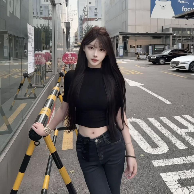 纯欲欧美美式复古辣妹风半高领中袖T恤女黑色修身显身材性感上衣