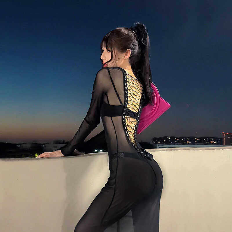 海边度假欧美辣妹性感透视网纱连衣裙露背系带绑带长袖长款裙子