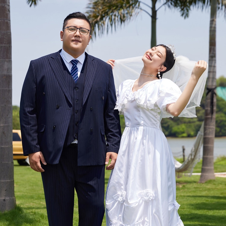 胖子大码双排扣西装套装胖人戗驳领条纹西服胖男加肥加大结婚礼服