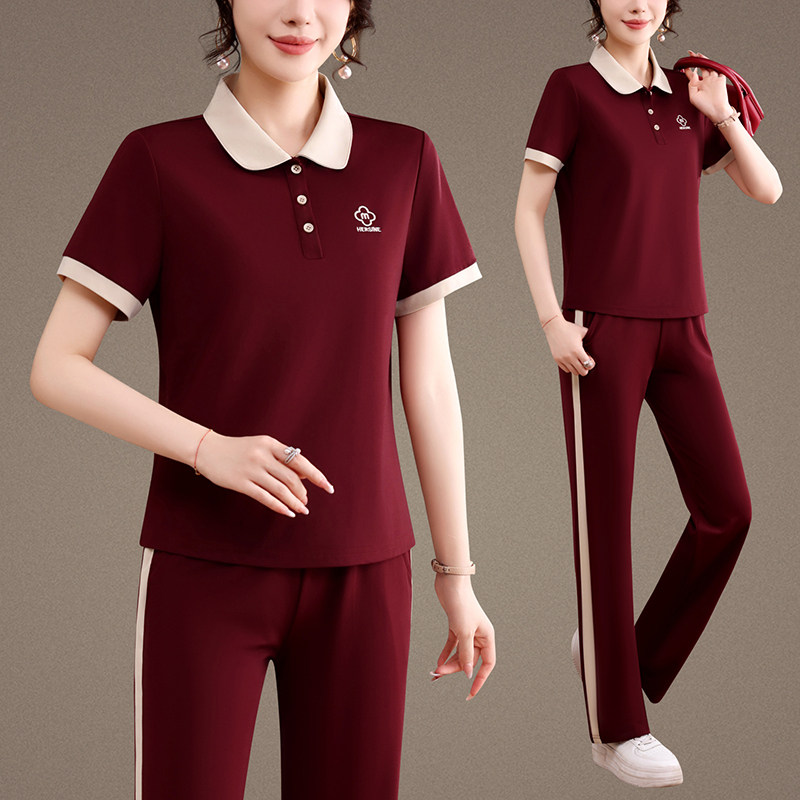 夏季女POLO领撞色透气运动套装