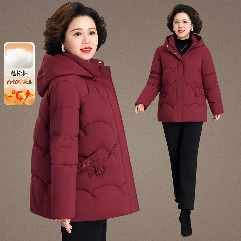 妈妈装加厚保暖中长款连帽棉服