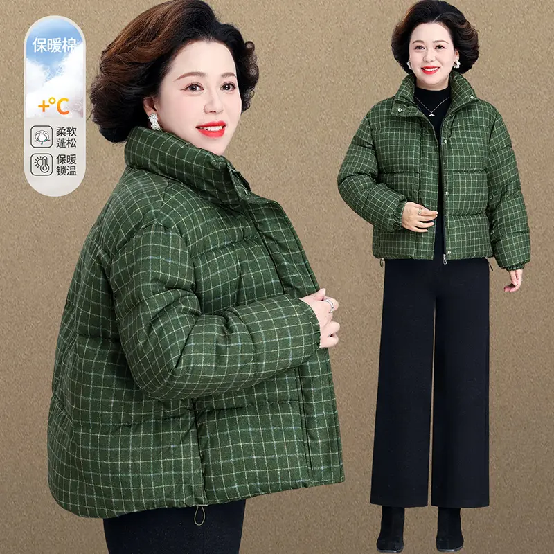 洋气格纹立领短款妈妈棉服保暖