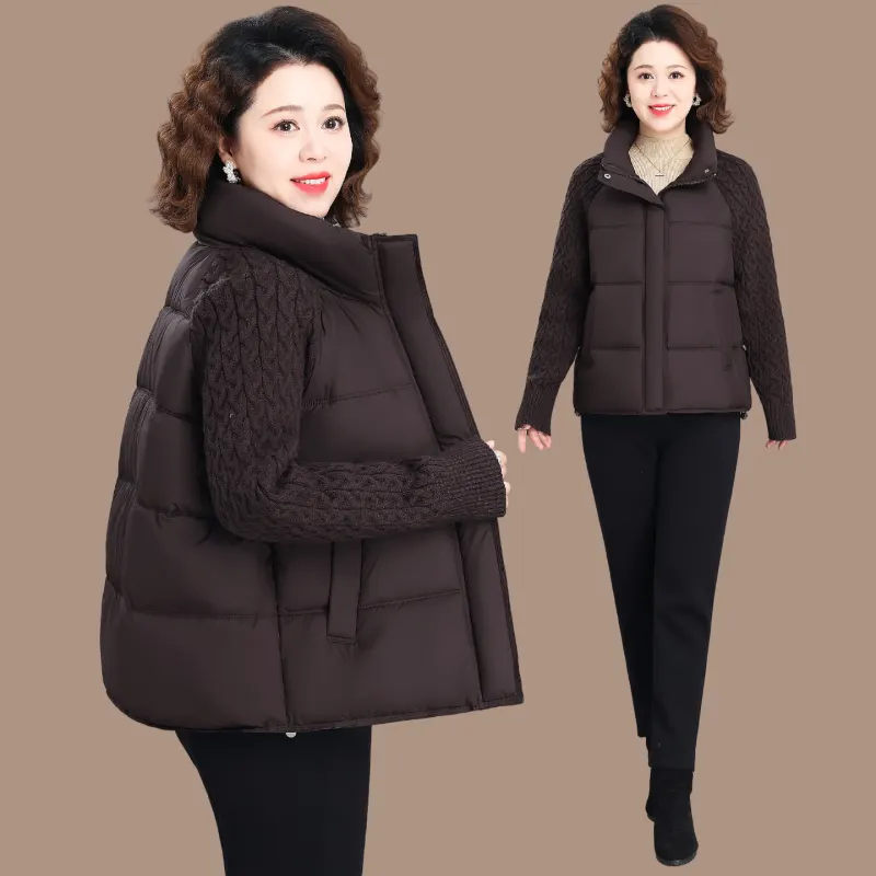 中年妈妈短款棉服女加厚立领大码保暖时尚棉衣外套针织接拼袖
