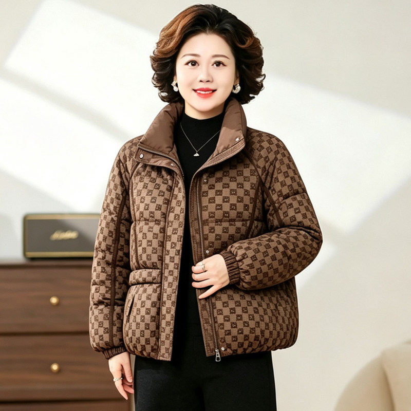 韩版立领格纹棉服女短款加厚保暖宽松外套时尚棉衣中年羽绒棉衣女