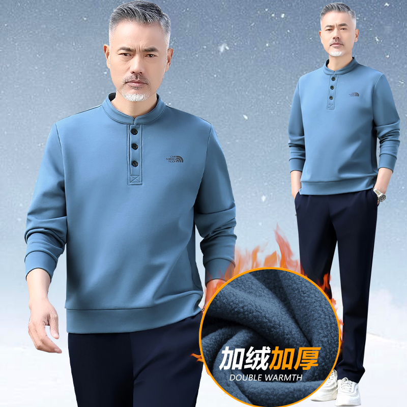 中老年男士运动套装春秋冬加绒加厚套头卫衣爸爸装休闲服