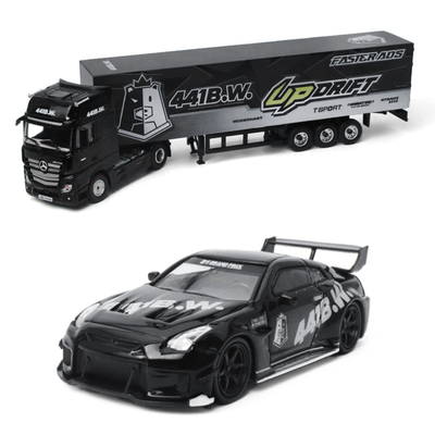 尼桑GTR R35 奔驰货柜拖车441B.W.漂移熊 潮艺 1:64 合金汽车模型