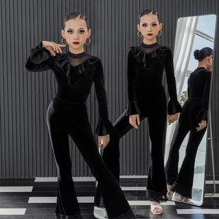 秋冬新款拉丁舞蹈服女童拉丁裤子套装新式流苏裤拉丁黑丝绒练功服