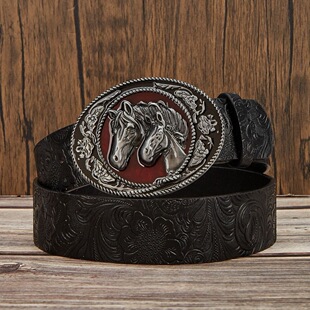 马年双马头扣头压花腰带西部牛仔男女通用个性简约百搭装饰皮带潮