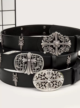 欧美复古朋克风十字架扣皮带男女暗黑风百搭黑色柳钉腰带装饰裤带