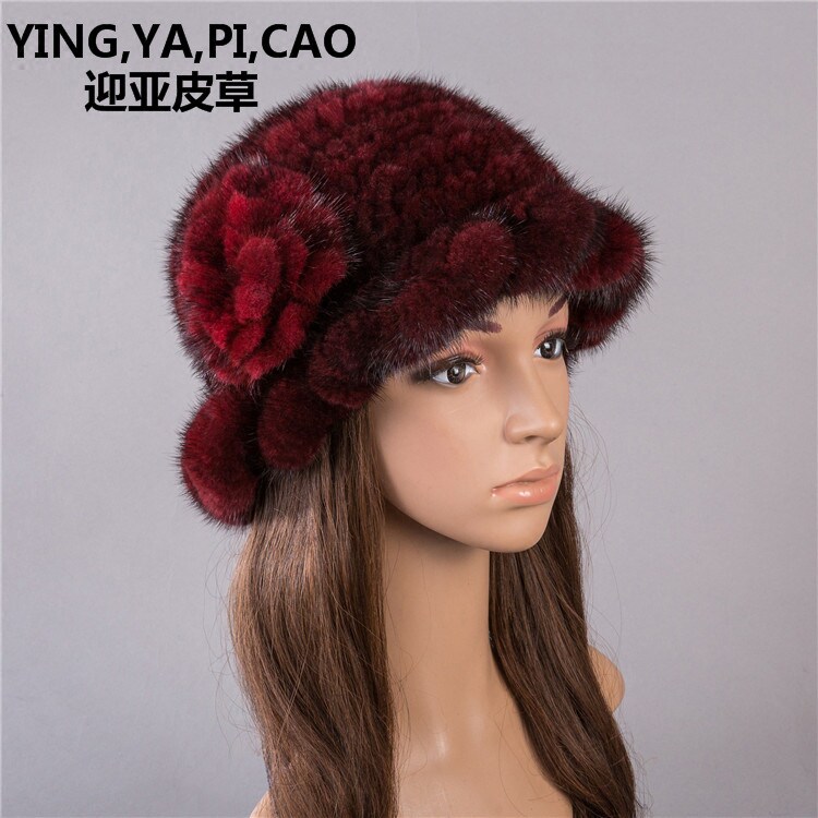 水貂毛帽子 女 木耳边礼帽 加密编织水貂女帽 大玫瑰花女帽 貂帽