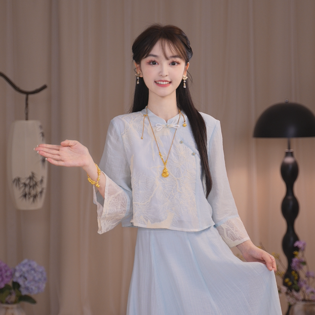 瑶西【蓝松】天蓝色长裙出游飘逸半身裙国风裙子新中式套装