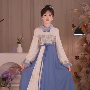 毛领织金提花汉元 瑶西 厚款 冬款 素国风加绒女连衣裙 蓝郁金香