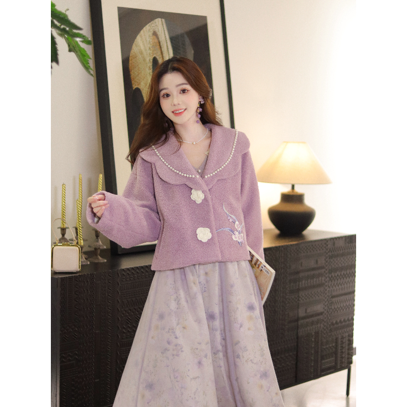 瑶西【紫雾朝雪】新中式厚外套淡紫毛绒珍珠立体花扣刺绣国风套装