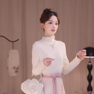 瑶西【霜月】加绒白色内搭打底长袖立领女内搭高级感上衣