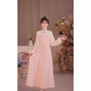 瑶西【浅黛花浔】冬季国风原创新款毛绒蕾丝仙气长袖长款连衣裙