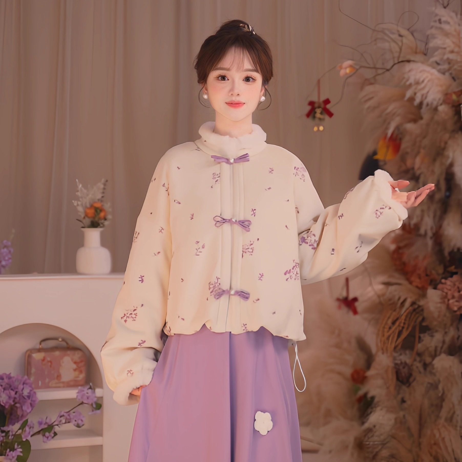 瑶西【紫黛暮雪】冬厚款连理枝盘扣外套立体手工花加绒女半裙套装,女装/女士精品,汉服套装,淘宝优惠券,粉丝福利购,淘宝优惠卷