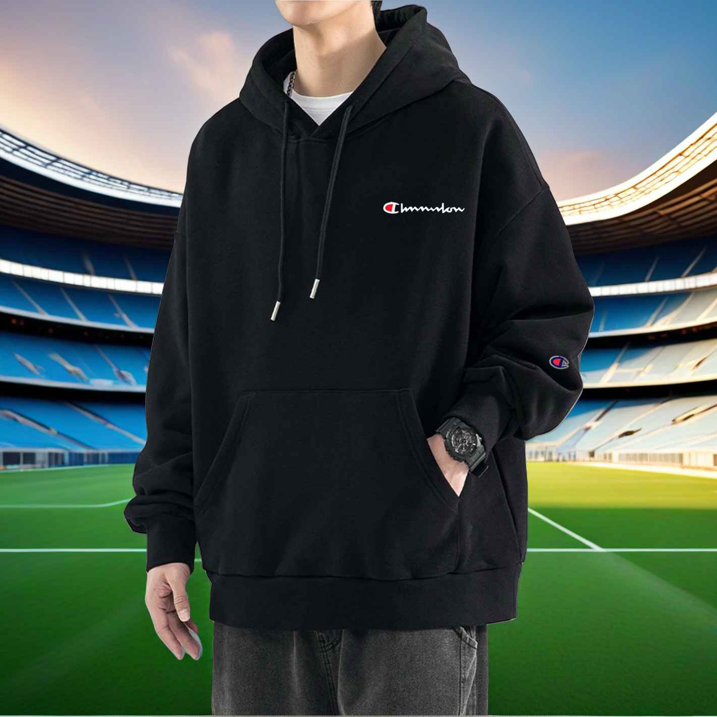 爵士冠军秋冬宽松加绒连帽卫衣男