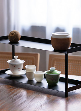 中式铁艺茶具茶杯双层收纳架