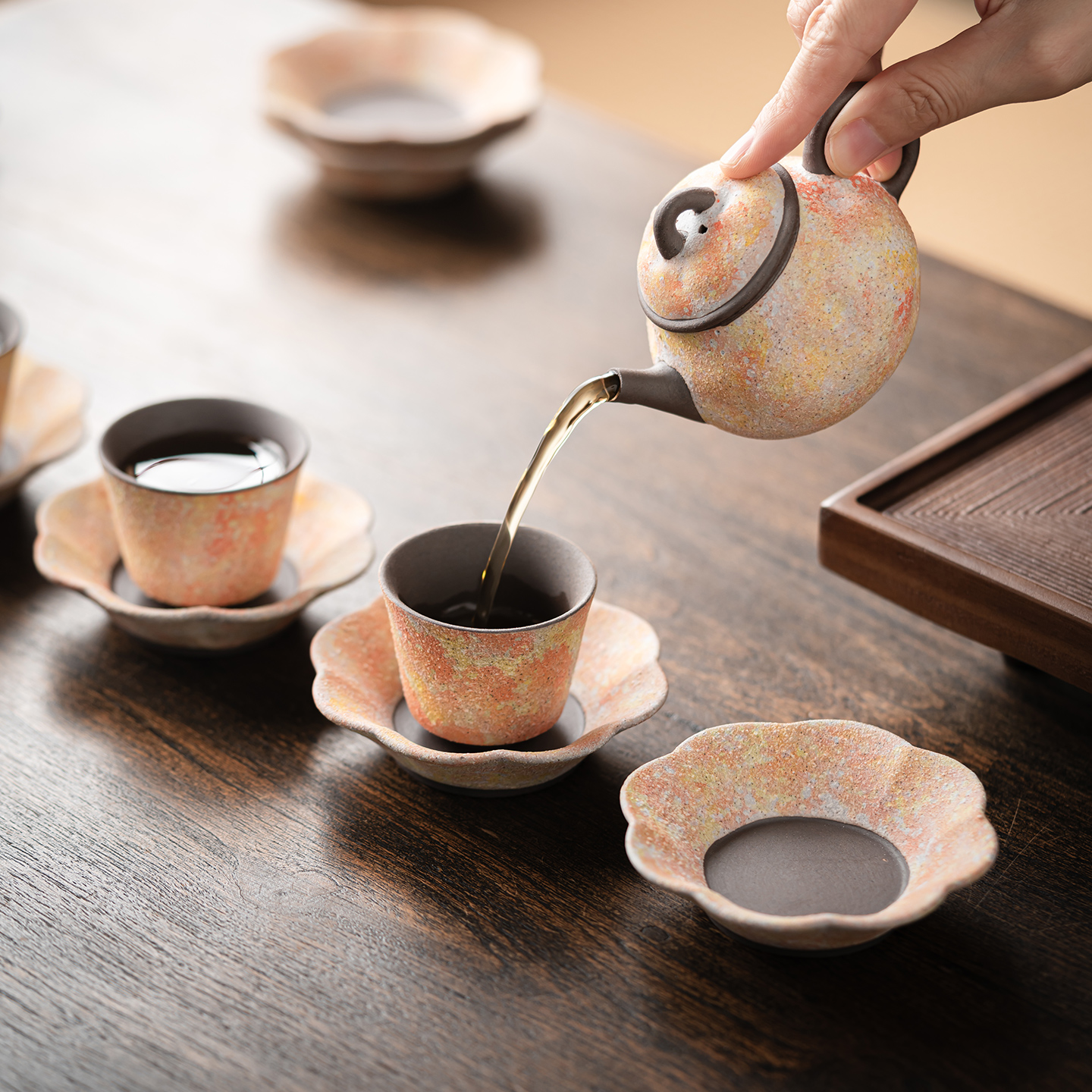 尚器 岩矿彩陶花瓣杯垫茶杯托陶瓷底座茶杯托碟茶具配件用品大全