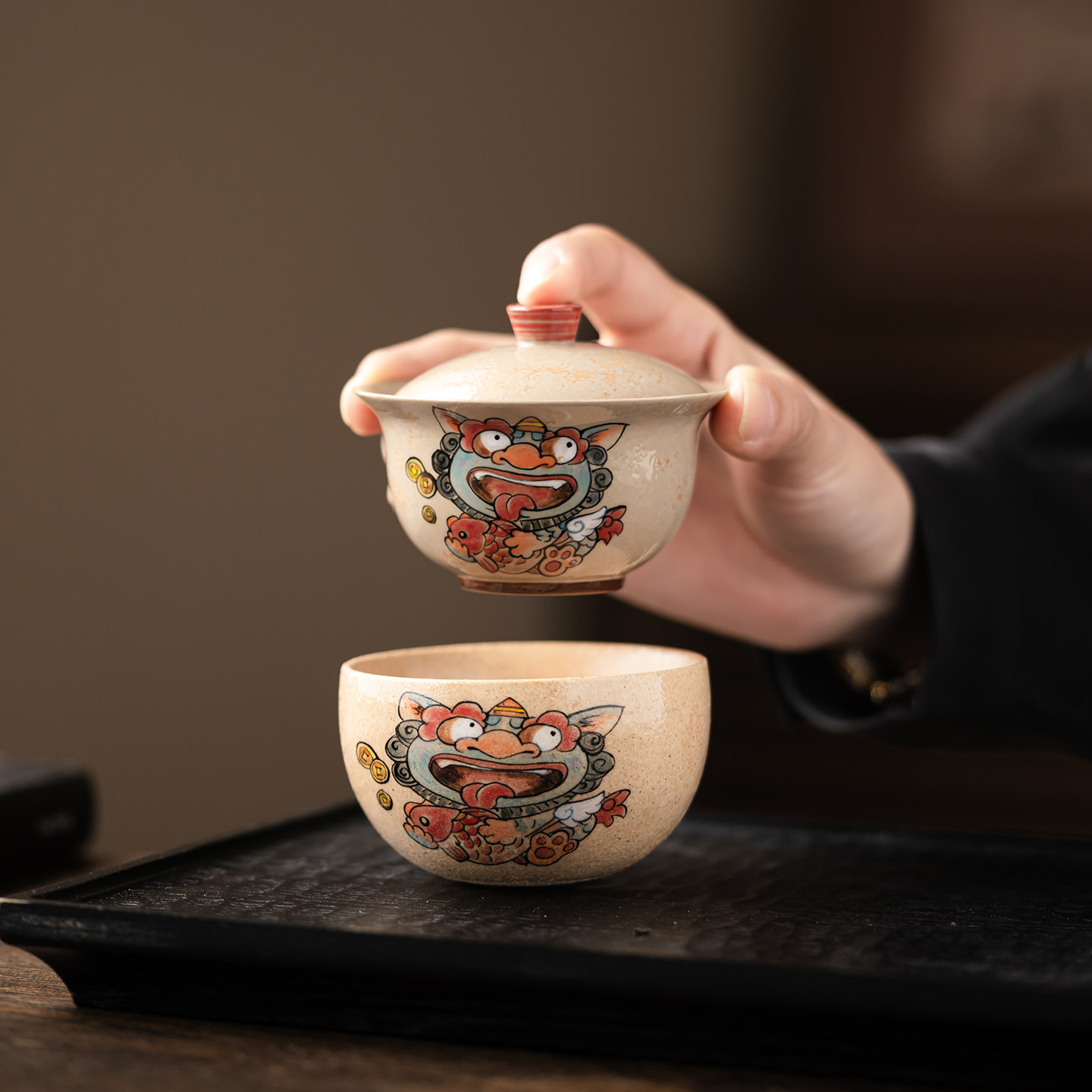 尚器 嗷嗷有钱创意小盖碗一人饮功夫茶具泡茶碗茶杯陶瓷手绘釉下