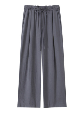 2025秋季新款懒人裤女灰色薄款抽褶松紧腰系带休闲宽松直筒阔腿裤